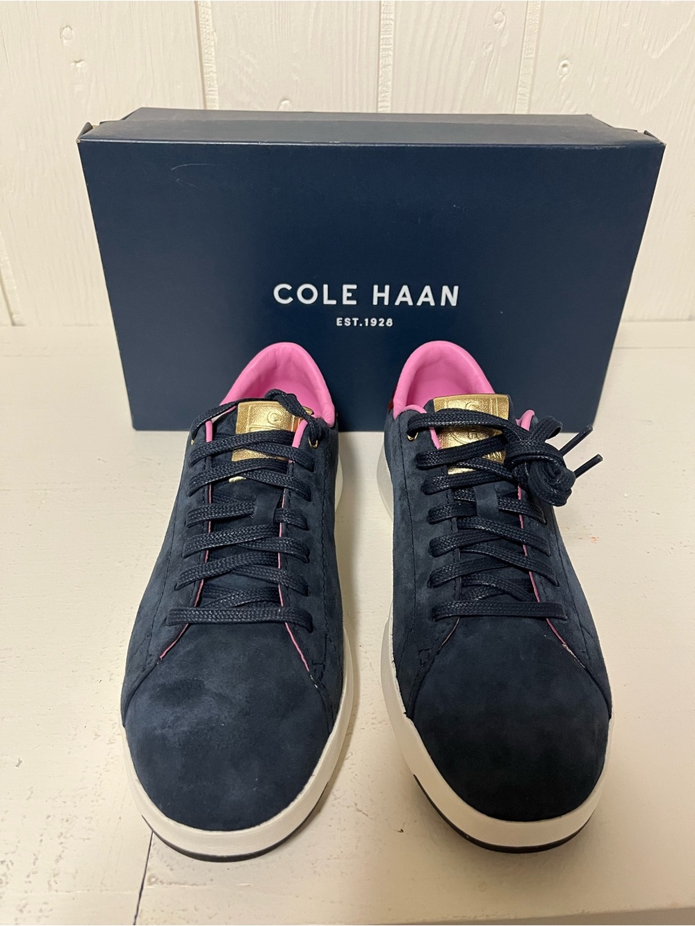 Cole Haan Navy Suede Sneakers with Pink Lining and Gold Tongue Detail